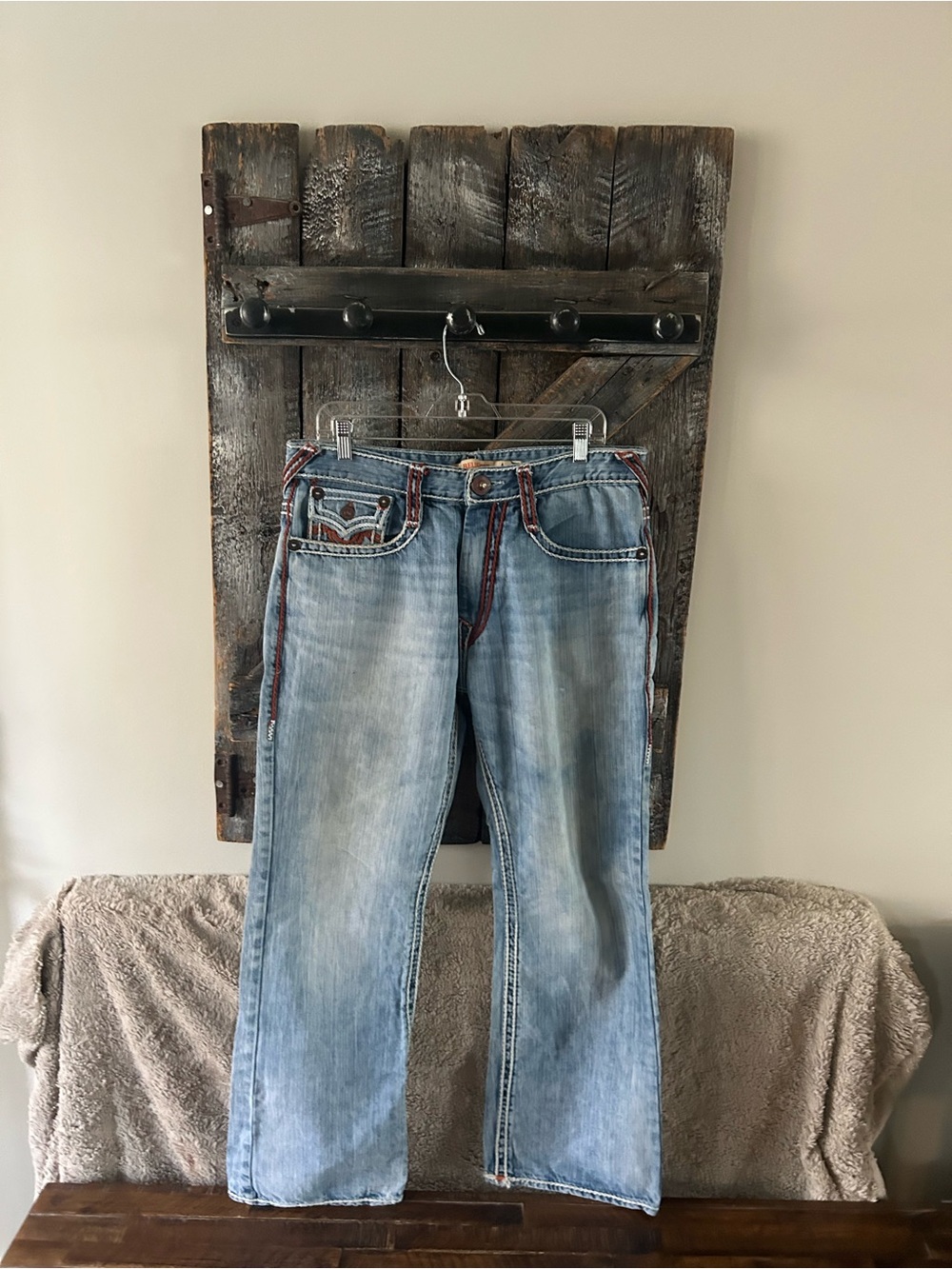 Men's True Religion Light Wash Blue Jeans with Rust Trim